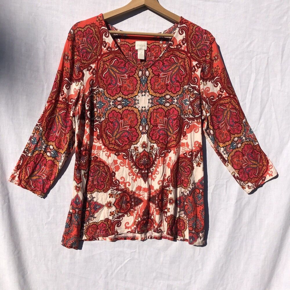 Chico's Sz 2 Orange Pink White Geometric Knit Tee 3/4 Sleeve Rayon Shirt